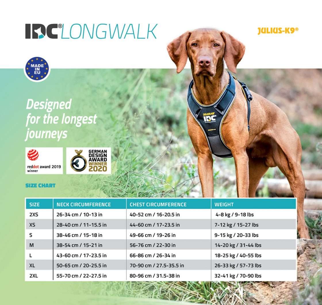 Size chart for the IDC Longwalk harness
